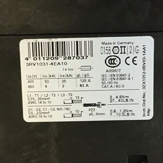 SIEMENS 3RV1031-4EA10 MOTOR CONTROLLER 690V 125A 50/60HZ