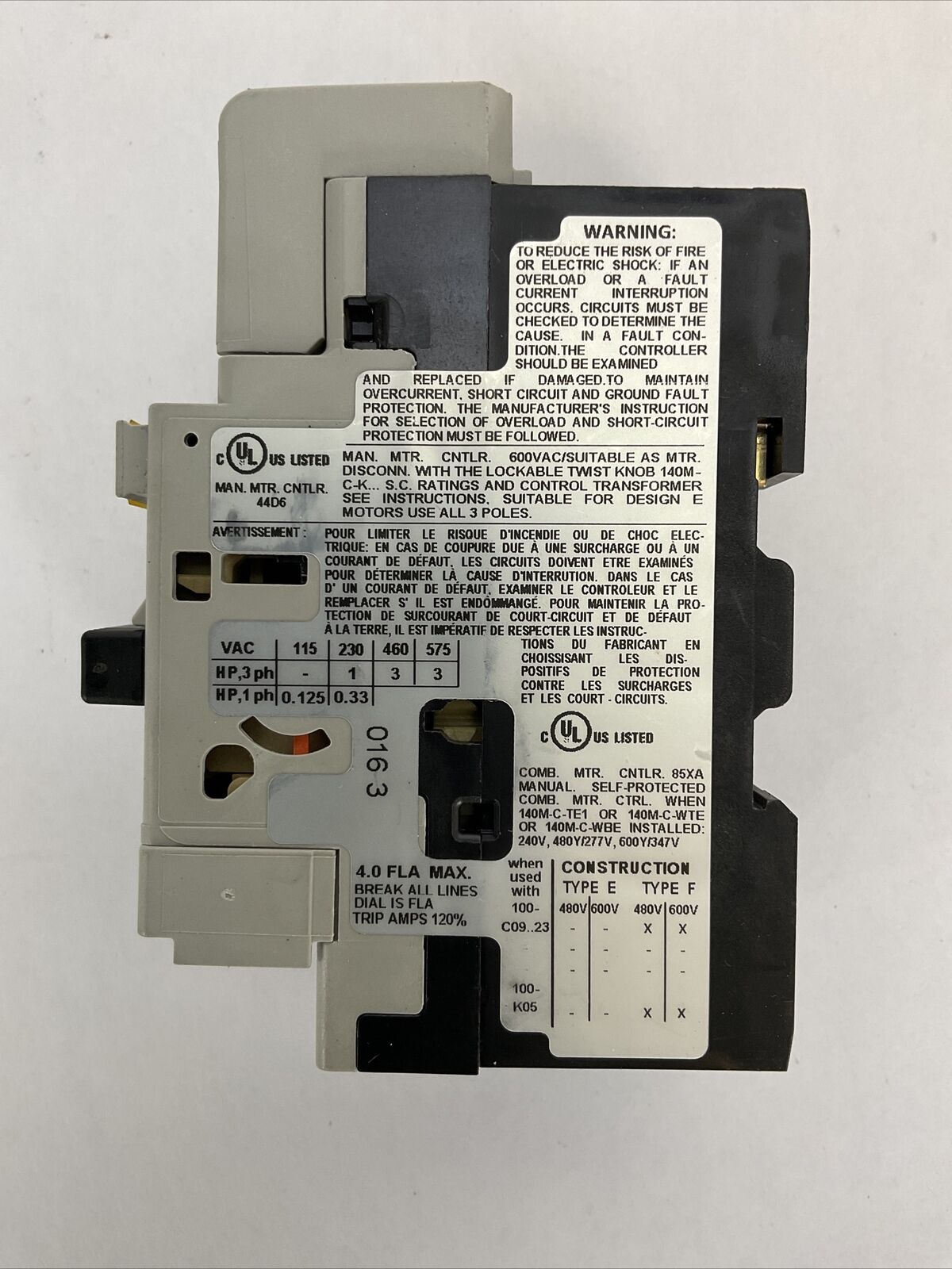 ALLEN BRADLEY 140M-C2E-B40 SER C MOTOR PROTECTOR CIRCUIT BREAKER 2.5-4.0A 140M-C