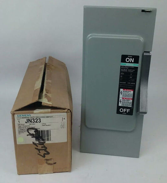 SIEMENS JN323 SERIES A FUSIBLE SAFETY SWITCH 2P, 100A, 240V, 15HP, TYPE 1 INDOOR