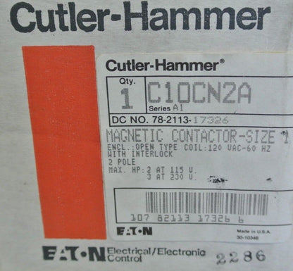 CUTLER-HAMMER C10CN2A MAGNETIC CONTACTOR 120V COIL SIZE 1 -  2P NEW SURPLUS