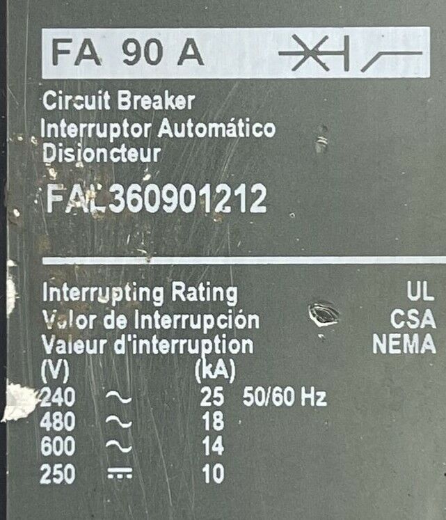 SQUARE D FAL360901212 CIRCUIT BREAKER 90AMP 3POLE 600VAC 250VDC