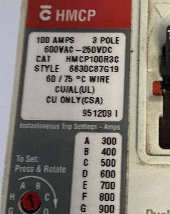 CUTLER HAMMER HMCP100R3C CIRCUIT BREAKER 100A 3POLE 600VAC-250VDC