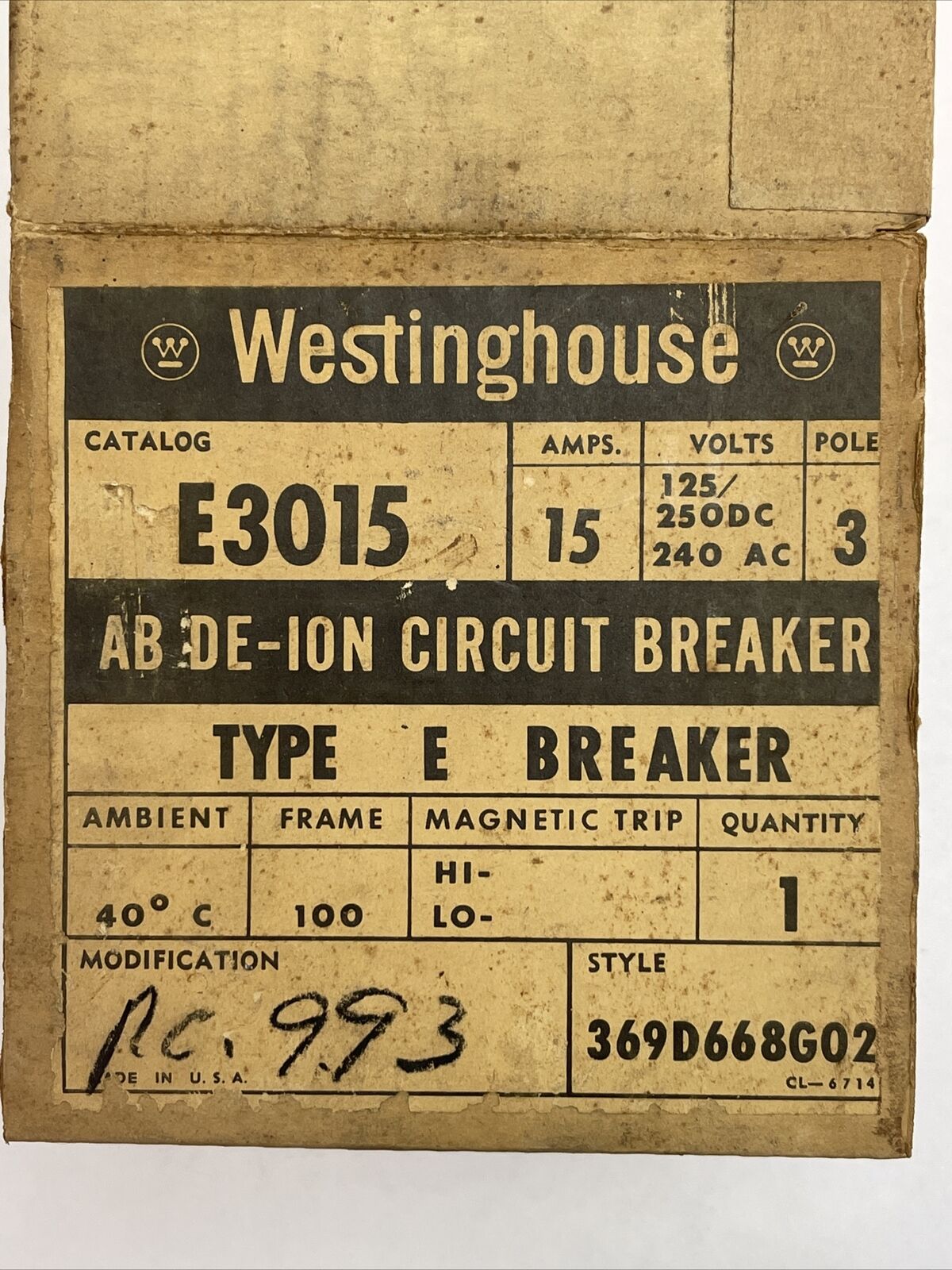 WESTINGHOUSE E3015 AB DE-ION CIRCUIT BREAKER 15AMP 240VAC 125/250VDC 3POLE