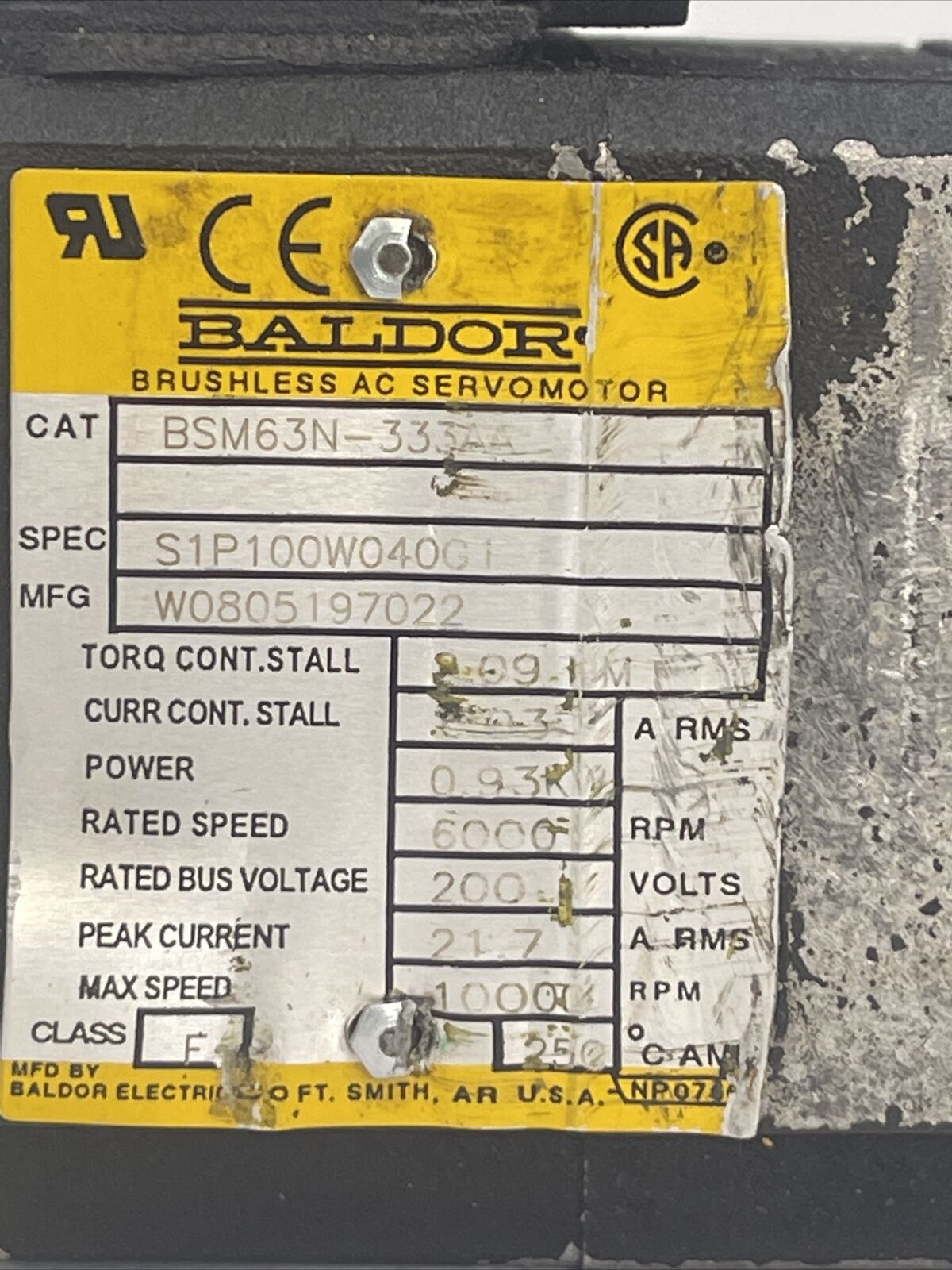 BALDOR BSM63N-333AA BRUSHLESS AC SERVO MOTOR POWER 0.93KW RATED SPEED 6000RPM