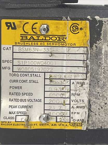 BALDOR BSM63N-333AA BRUSHLESS AC SERVO MOTOR POWER 0.93KW RATED SPEED 6000RPM