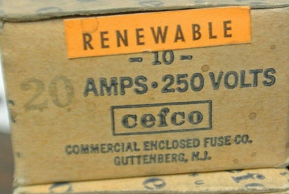 BOX of 10 / CEFCO 20 AMP RENEWABLE FUSE / 20A / 250V / NEW SURPLUS