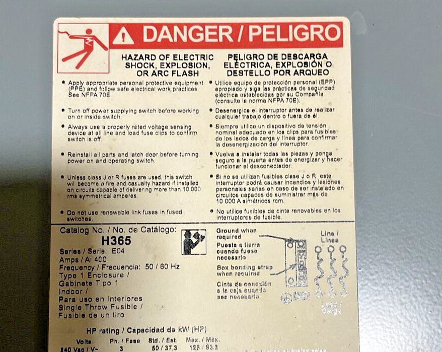 SQUARE D H365 SAFETY SWITCH SER.E04 400A TYPE 1 480V 3PH