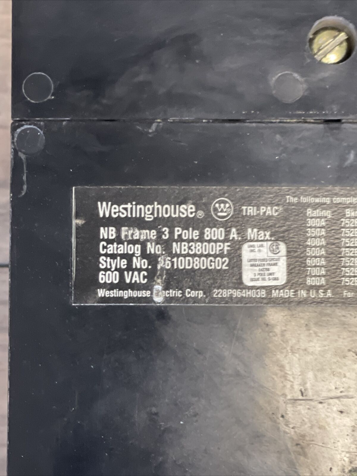 WESTINGHOUSE NB3800PF TRI-PAC DE-ION CIRCUIT BREAKER 600VAC 800A 3P 600AMP TRIP