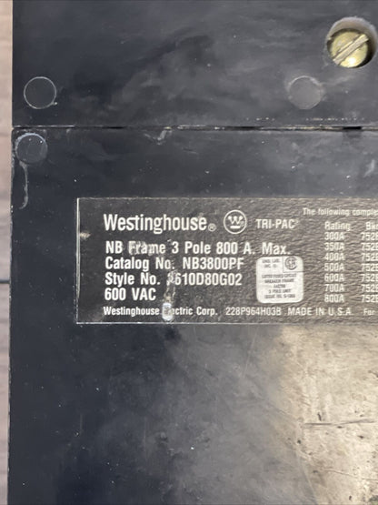 WESTINGHOUSE NB3800PF TRI-PAC DE-ION CIRCUIT BREAKER 600VAC 800A 3P 600AMP TRIP