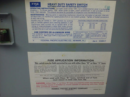 FPE 1132R FUSIBLE HEAVY DUTY SAFETY SWITCH 3P, 100A, 240VAC, 4 WIRE, 30HP