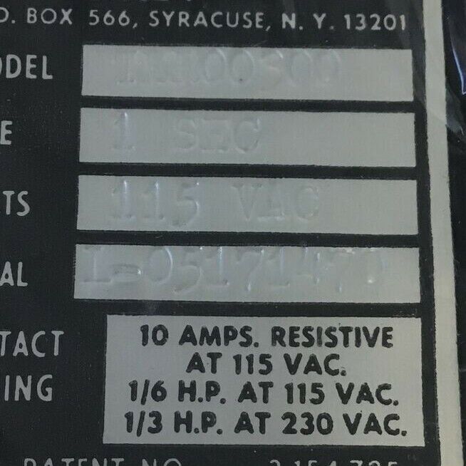 SYRACUSE TER-00300 RELAY 1SEC 115VAC 10A