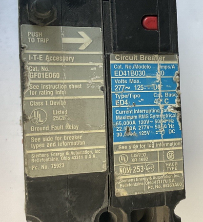 ITE ED41B030 CIRCUIT BREAKER 30A 277VAC 125VDC / GF01ED60 GROUND FAULT RELAY