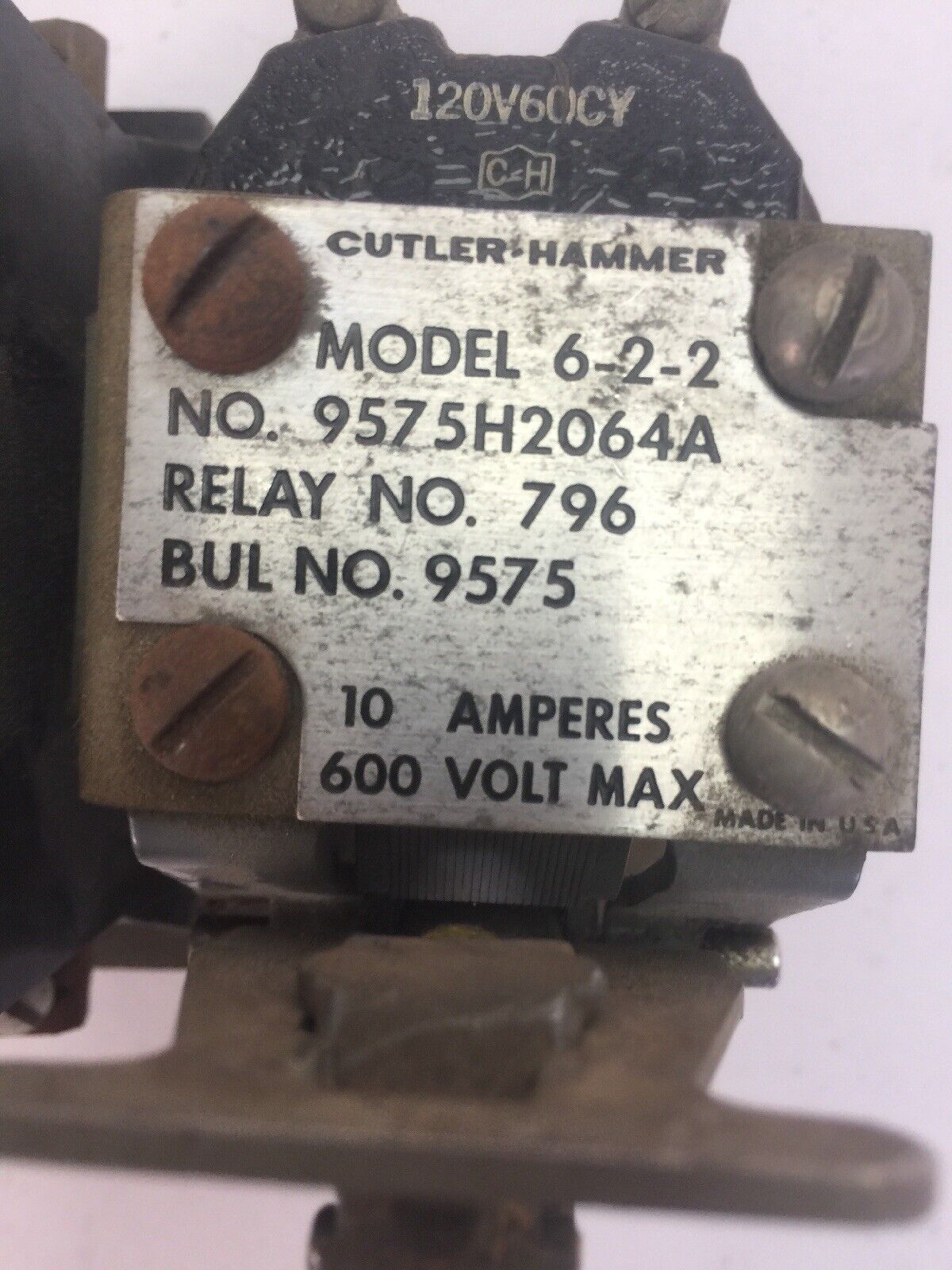 CUTLER HAMMER 9575H2064A MODEL 6-2-2 RELAY 600V 10A 1318-60 COIL 120V 60CY