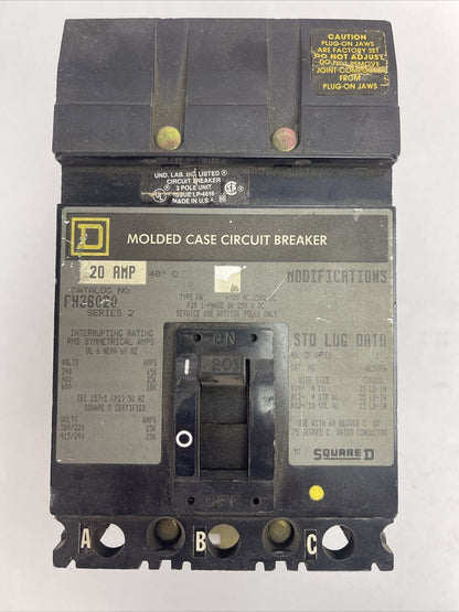 SQUARE D FH36020 MOLDED CASE CIRCUIT BREAKER 20A 600VAC 250VDC 3POLE SERIES 2