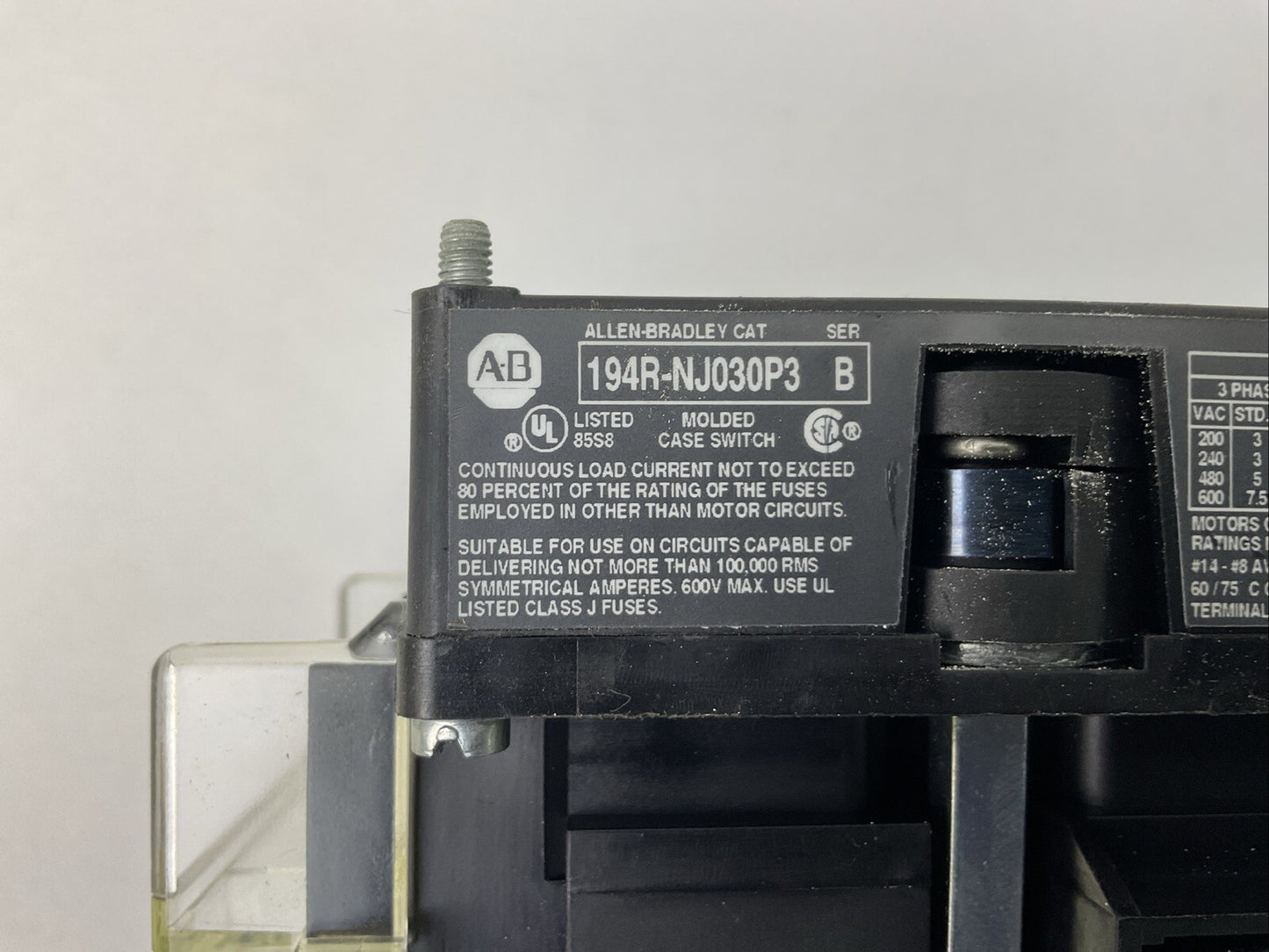 ALLEN BRADLEY 194R-NJ030P3 DISCONNECT SWITCH SER B 194R-HS4 SER A LPJ-6SP