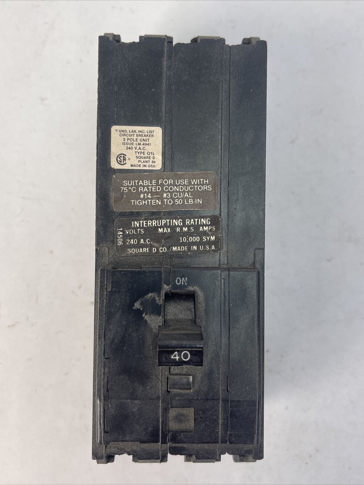 SQUARE D Q1L340 CIRCUIT BREAKER 40AMP 240VAC