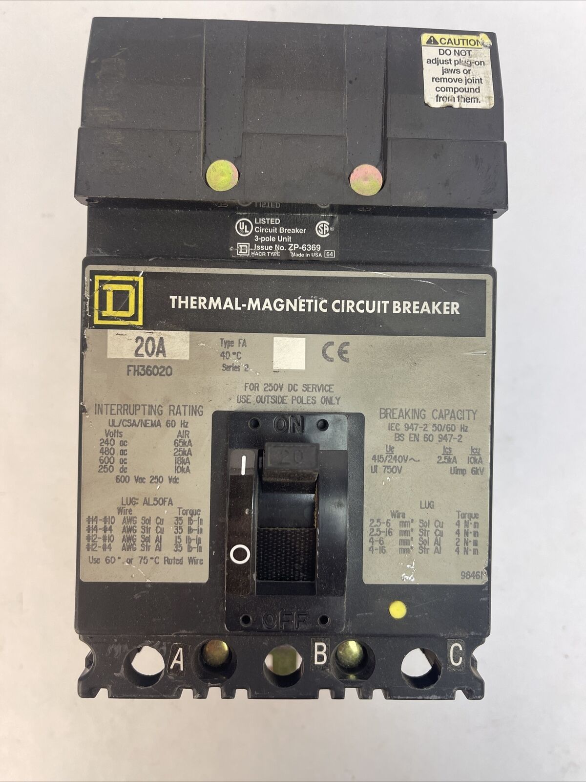 SQUARE D FH36020 CIRCUIT BREAKER 20A 600VAC 250VDC 3POLE SERIES 2
