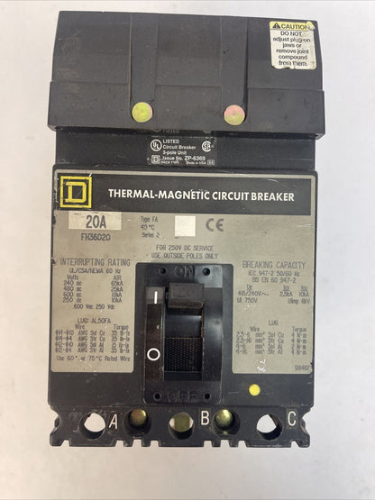 SQUARE D FH36020 CIRCUIT BREAKER 20A 600VAC 250VDC 3POLE SERIES 2