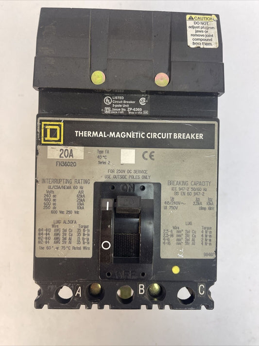 SQUARE D FH36020 CIRCUIT BREAKER 20A 600VAC 250VDC 3POLE SERIES 2
