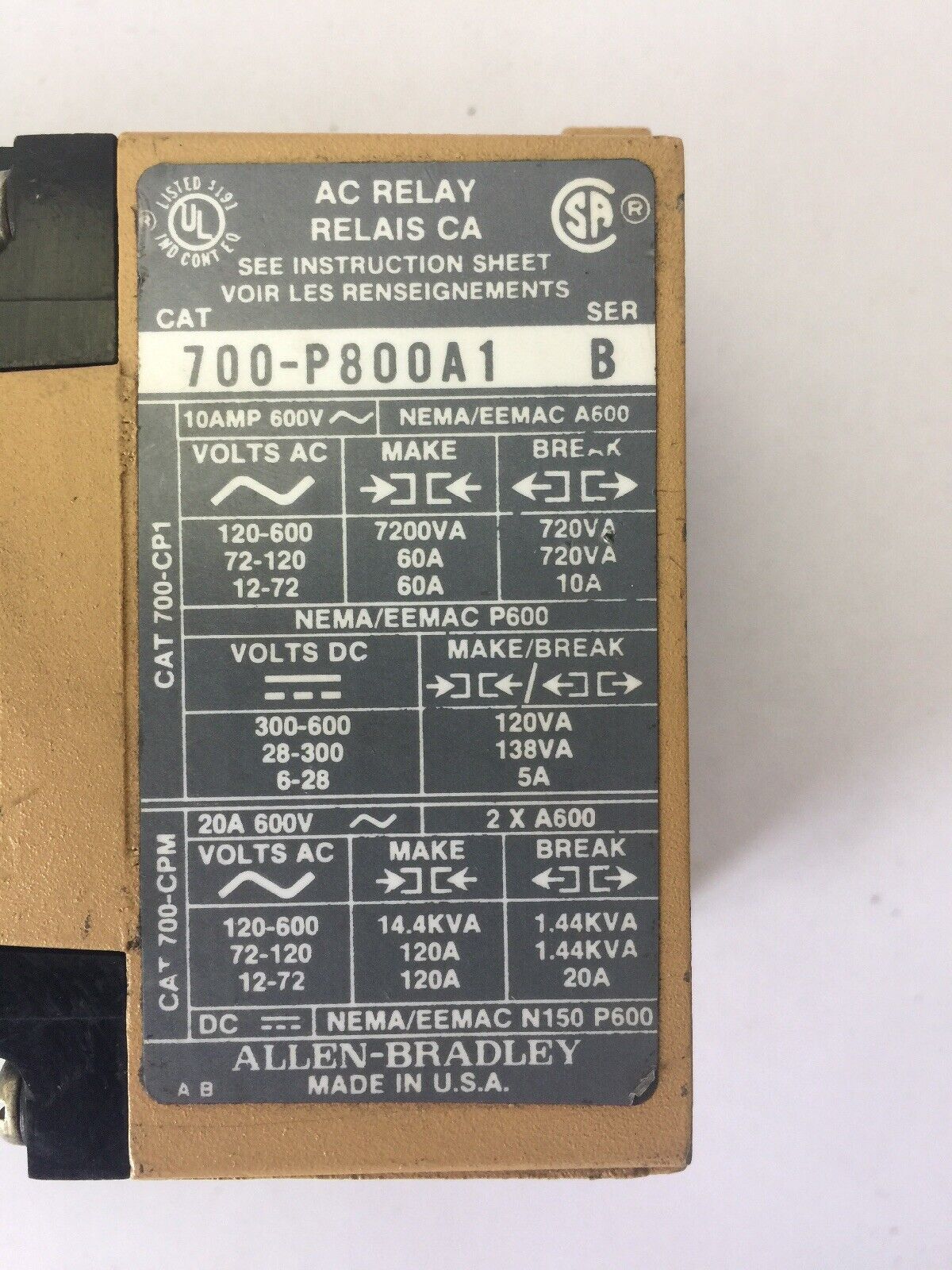 ALLEN BRADLEY 700-P800A1 AC RELAY SER B 600VAC COIL 115-120V 60HZ 700-PC40 SER A