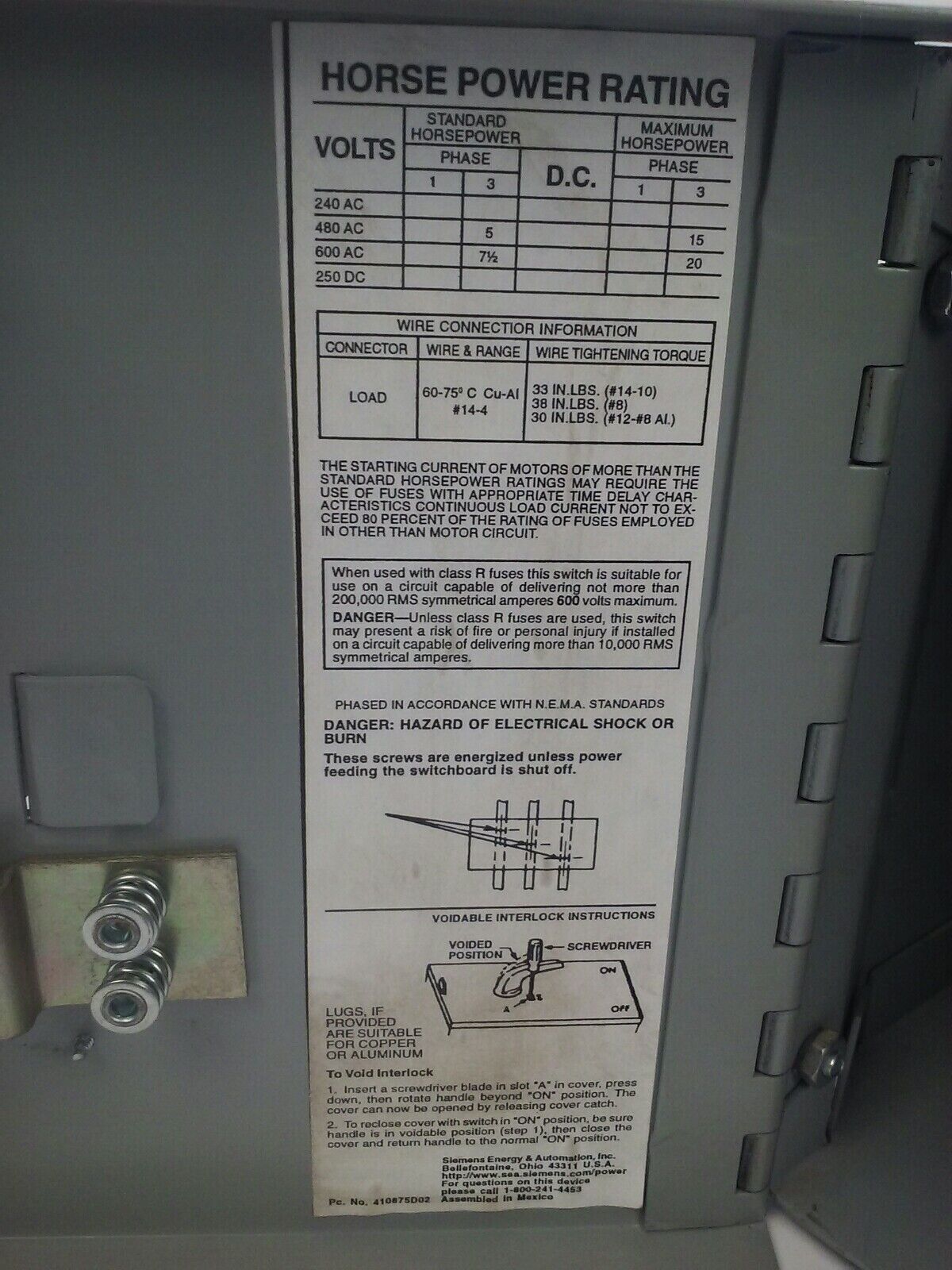 SIEMENS V7E3611R SER.A TWIN FUSIBLE VACU BREAK PANELBOARD SWITCH 600V 30A 20HP