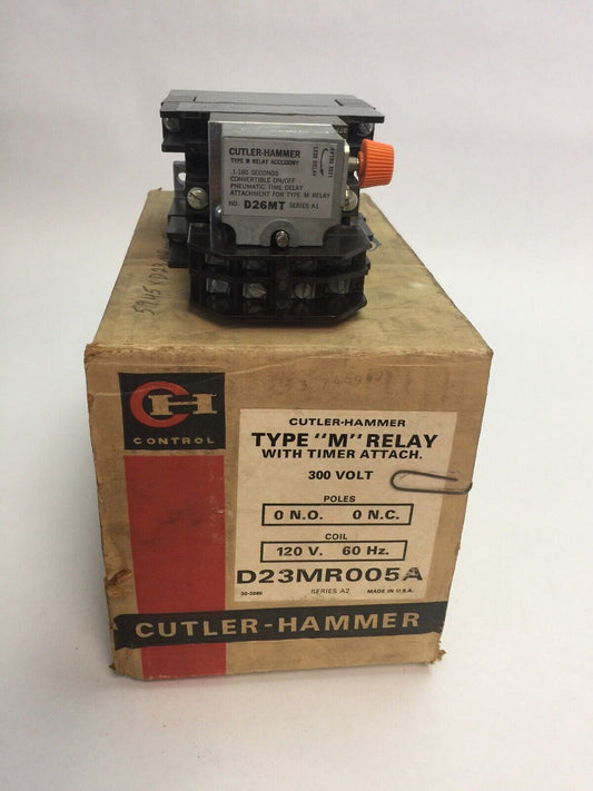 CUTLER HAMMER D23MR005A TYPE M RELAY W/ TIMER ATTACH 300V COIL 120V 60CY