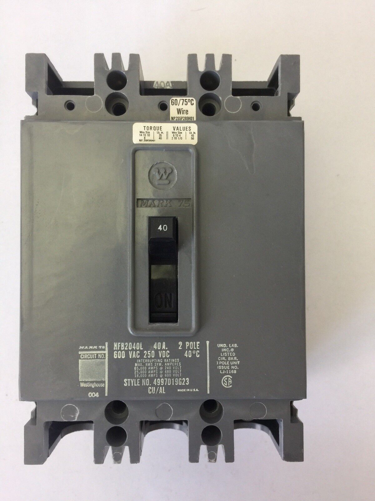 WESTINGHOUSE HFB2040L CIRCUIT BREAKER 40AMP 600VAC 250VDC 2POLE 4997D19G23