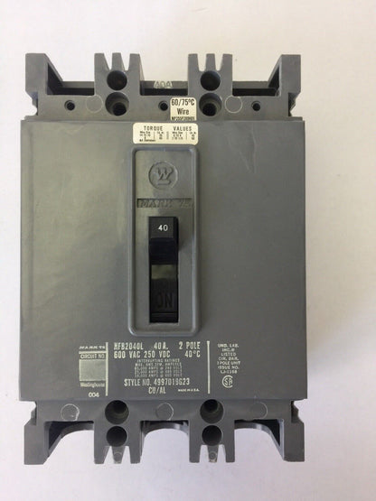 WESTINGHOUSE HFB2040L CIRCUIT BREAKER 40AMP 600VAC 250VDC 2POLE 4997D19G23