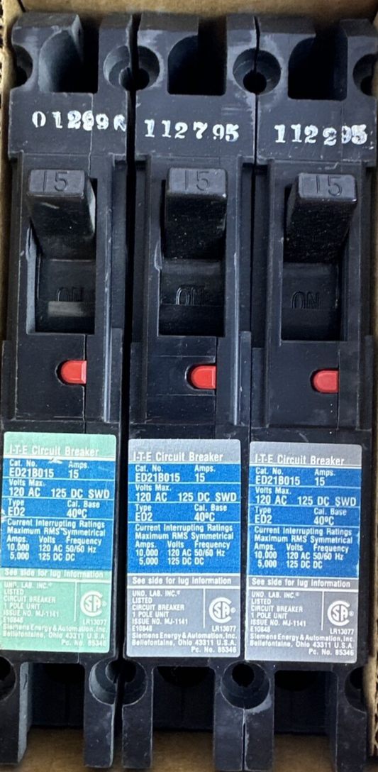 SIEMENS ITE ED21B015 MOLDED CASE CIRCUIT BREAKER 15A 1P 120VAC 125VDC (BOX OF 3)