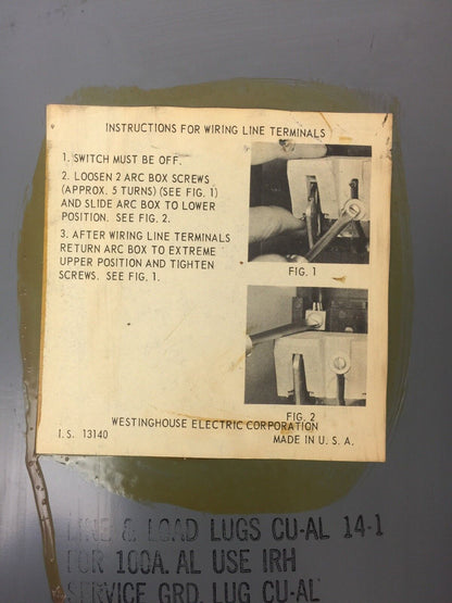 WESTINGHOUSE HF323N HEAVY DUTY SAFETY SWITCH 240 VAC 250 VDC 100 AMP NEMA 1