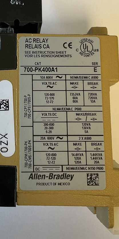 ALLEN BRADLEY 700-PK400A1 AC RELAY SER.E 600VAC 10A TYPE PK