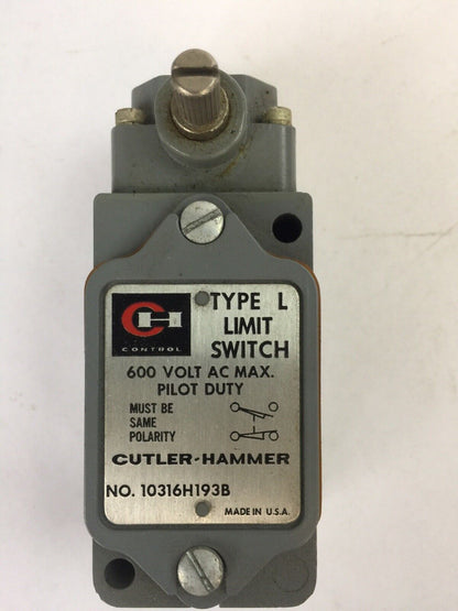 CUTLER HAMMER 10316H193B TYPE L LIMIT SWITCH 600VAC