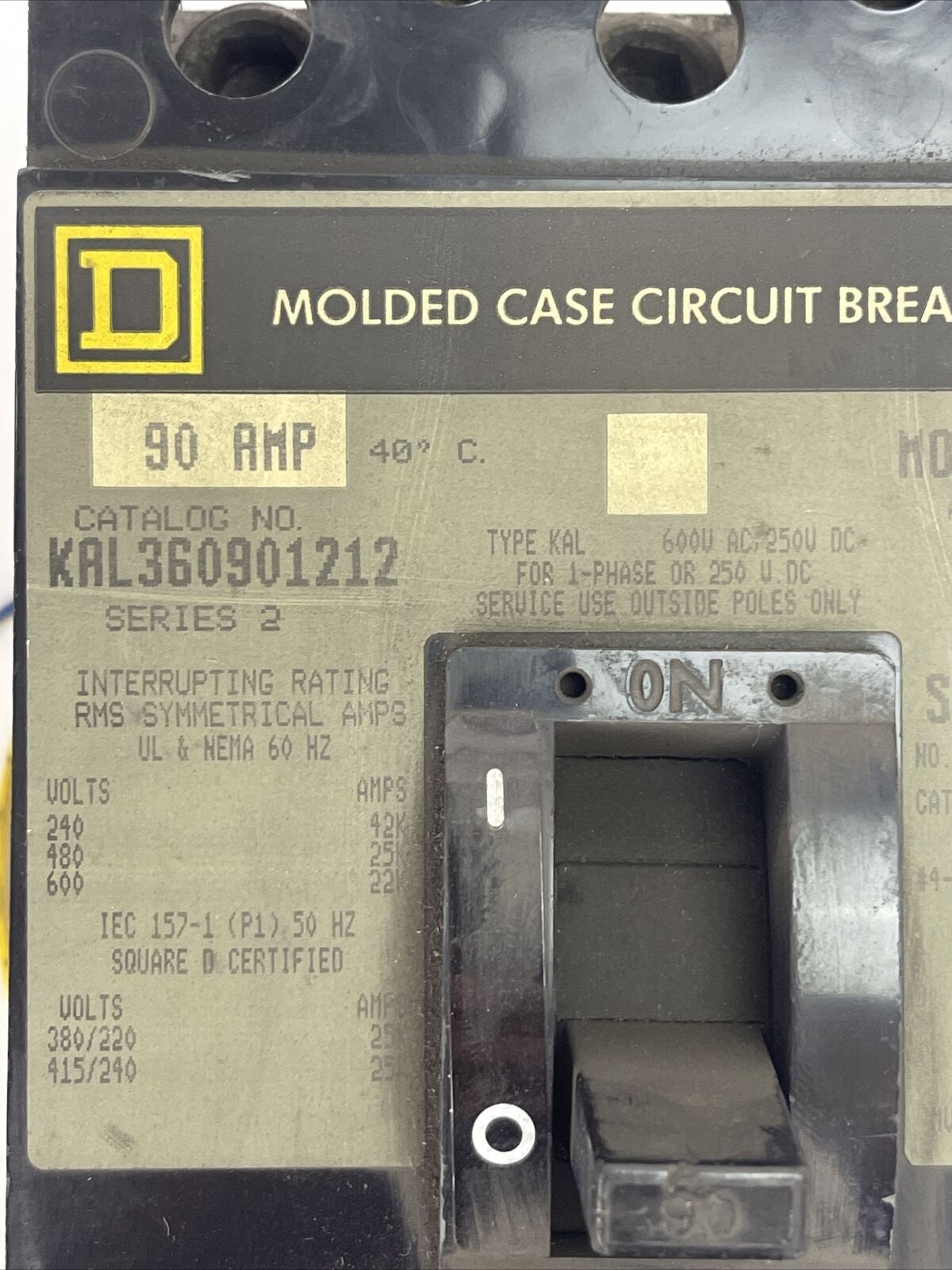 SQUARE D KAL360901212 MOLDED CASE CIRCUIT BREAKER SERIES 2 600VAC 250VDC 90A 3P