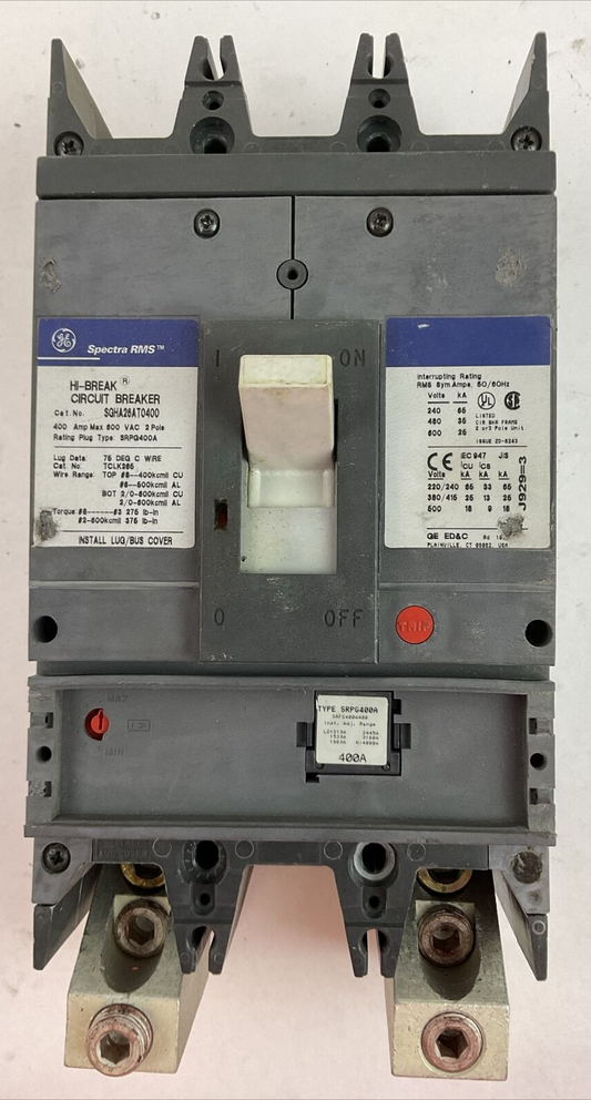 GE SGHA26AT0400 CIRCUIT BREAKER 400AMP 600VAC 2POLE SRPG400A400 TRIP PLUG 400AMP