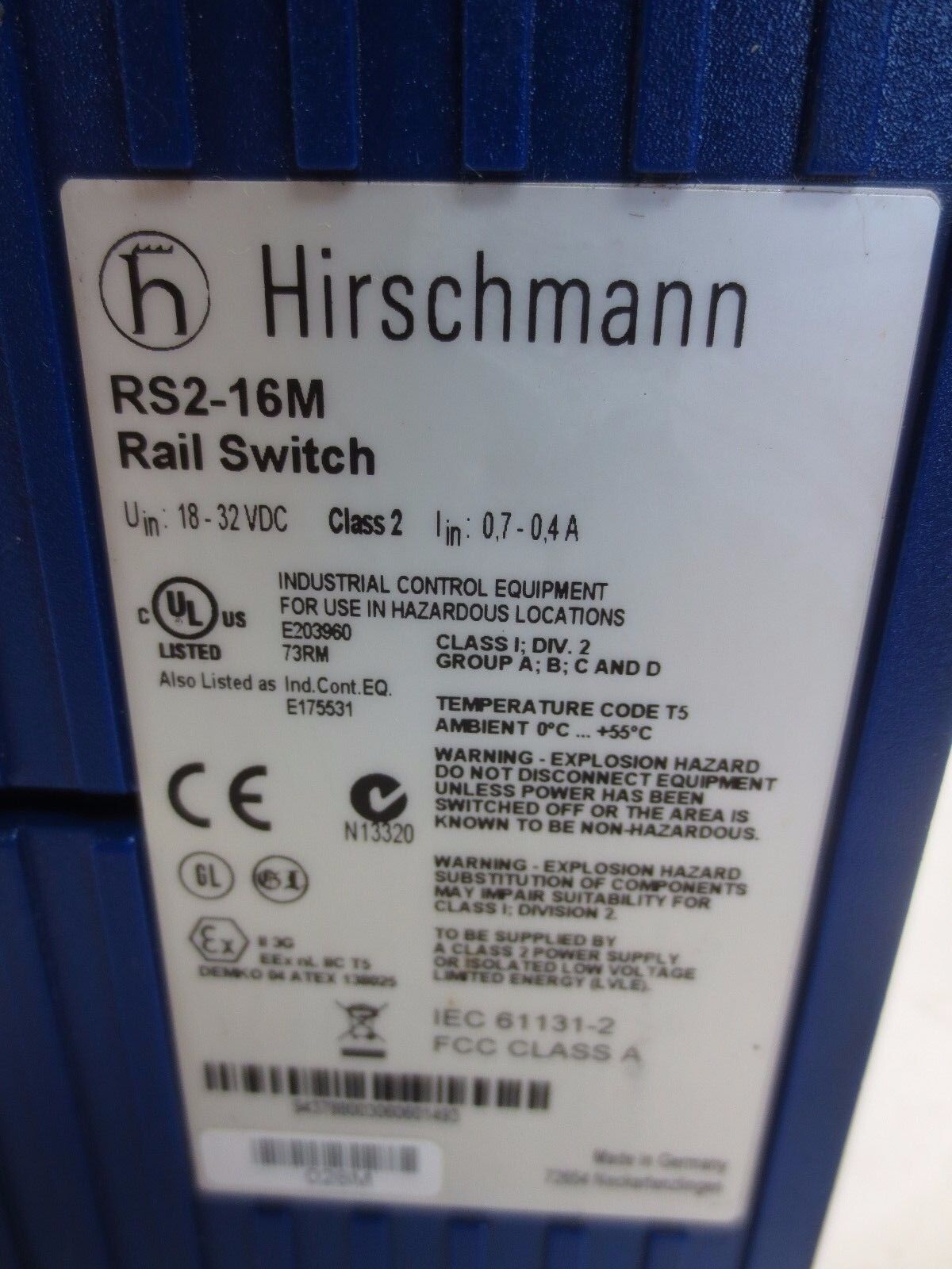 HIRSCHMANN RS2-16M UNMANAGED ETHERNET RAIL SWITCH - 18-32VDC, 0.7-0.4A for PARTS