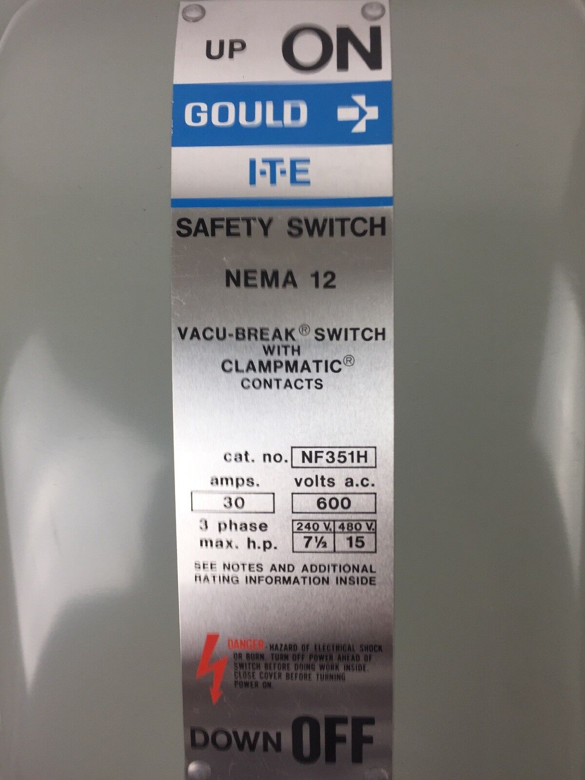 GOULD ITE NF351H VACU-BREAK SWITCH WITH CLAMPMATIC CONTACTS 30AMP 600 VAC