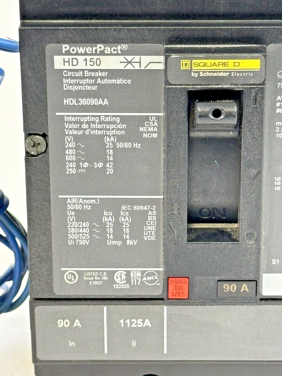 SQUARE D - HDL36090AA - POWERPACT CIRCUIT BREAKER W/ AUX - 90A/3 POLE/600VAC