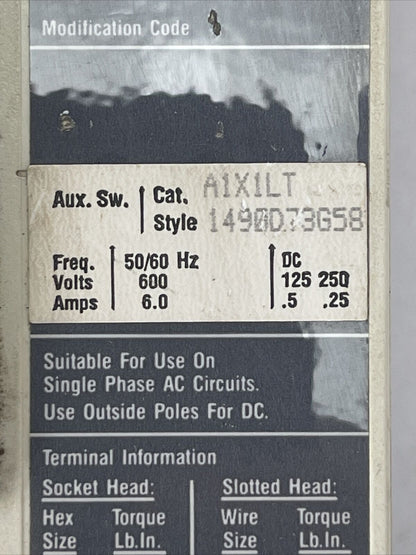 WESTINGHOUSE HMCP030I:1CA04 30AMP 3POLE 600VAC 250VDC AUX. SW. A1X1LT 1490D73G58