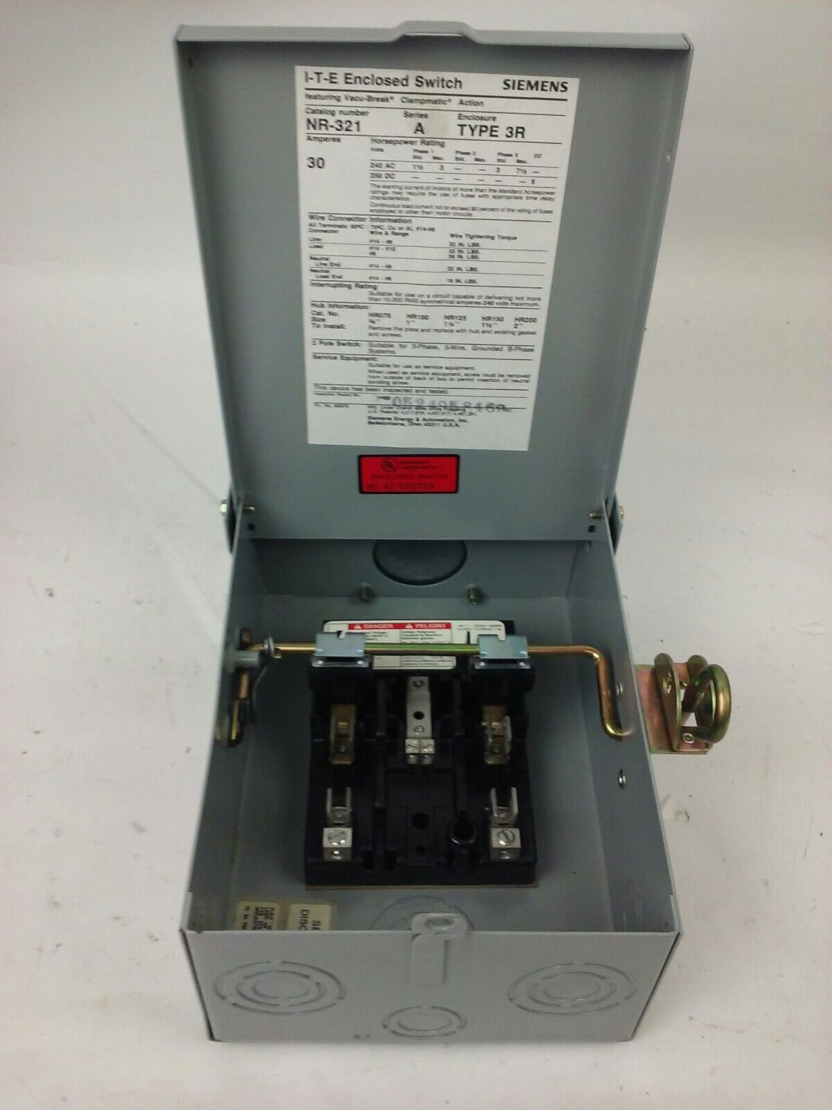 I-T-E SIEMENS NR-321 SER. A, ENCLOSED SWITCH, 30A, 240V, 2PH, TYPE 3R, FUSIBLE