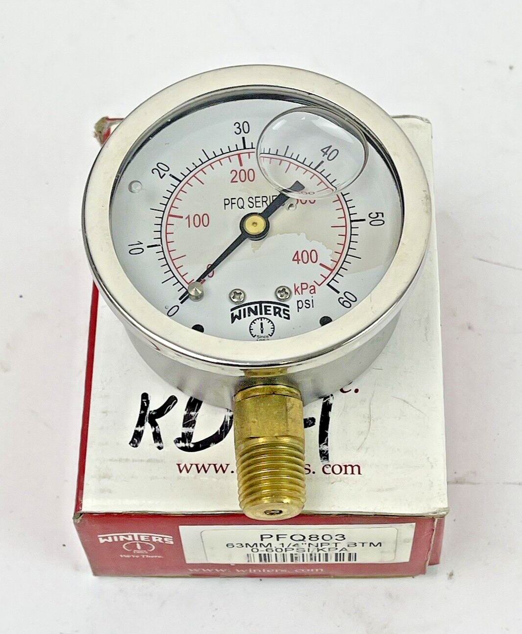 WINTERS - PFQ803- PRESSURE GAUGE - 63MM/ 2.5" DIAMETER, 1/4" NPT BTM, 0-60 PSI