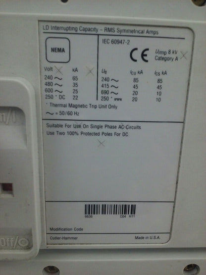 CUTLER HAMMER LD4600V THERMAL MAGNETIC TRIP UNIT CIRCUIT BREAKER 3P 600A 600V