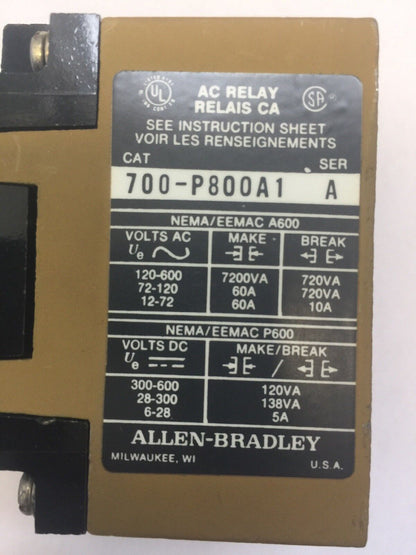 ALLEN BRADLEY 700-P800A1 AC RELAY 115-120V 60HZ 110V 50HZ SER A