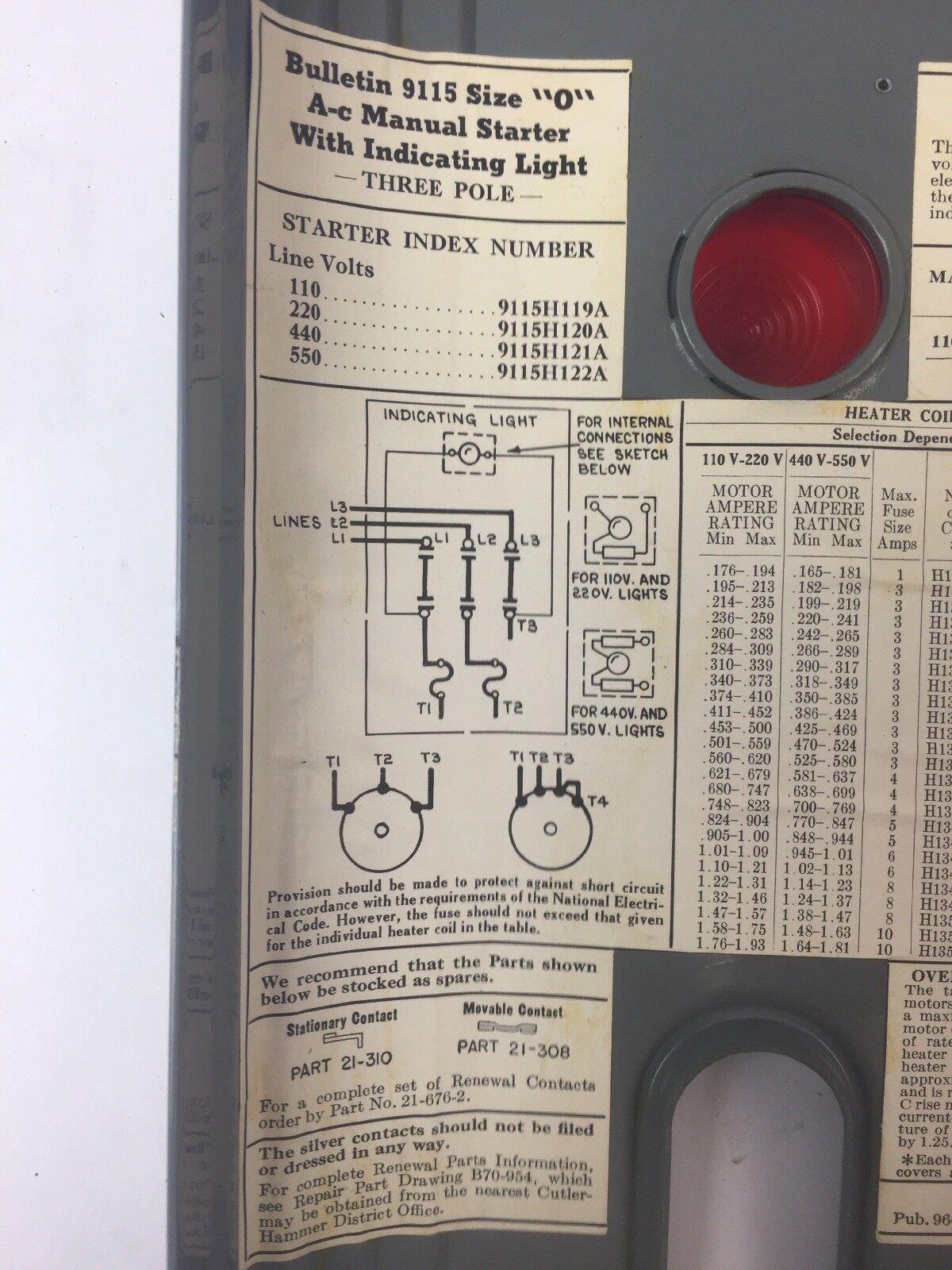 CUTLER HAMMER 9115H119A AC MANUAL STARTER START/STOP SIZE 0 LAMP CIRCUIT 110V