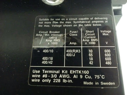 ABB EH160 CONTACTOR, 3PH, 3P BREAKING, 600V, 50-150H.P., 190A, CHIP PLASTIC