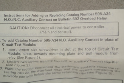 ALLEN-BRADLEY 595-A34 AUXILIARY CONTACT / 1 NO 1 NC / for SIZES 3-4 O/L RELAY