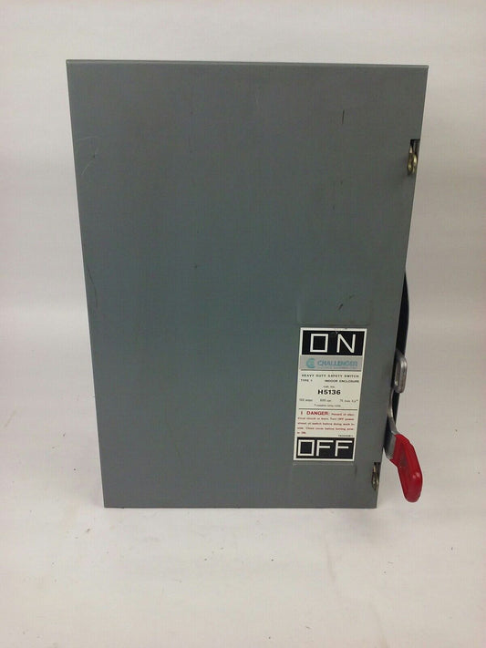 CHALLENGER H5136 SAFETY SWITCH, TYPE 1 INDOOR, 100A, 600V, NON FUSIBLE, NEW