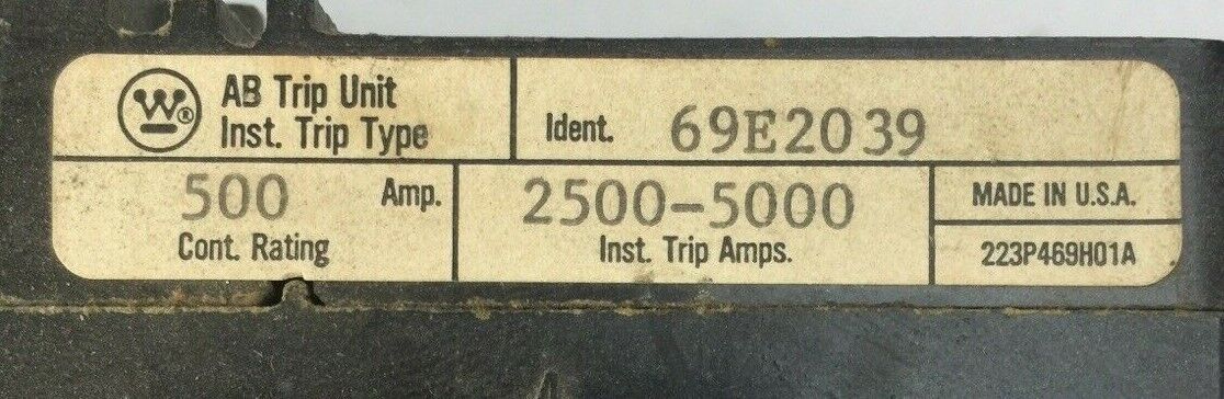 WESTINGHOUSE 69E2039 AB TRIP UNIT 500AMP INST TRIP 2500-5000AMP 3POLE