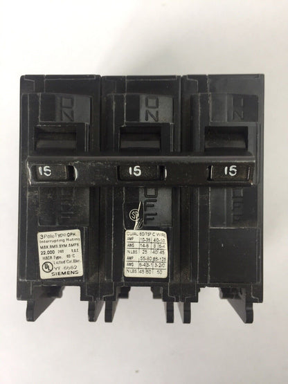 SIEMENS Q315H CIRCUIT BREAKER 15A 3POLE 240VAC