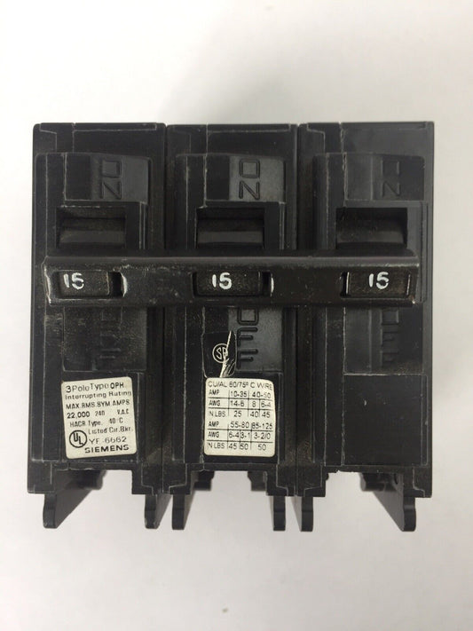 SIEMENS Q315H CIRCUIT BREAKER 15A 3POLE 240VAC