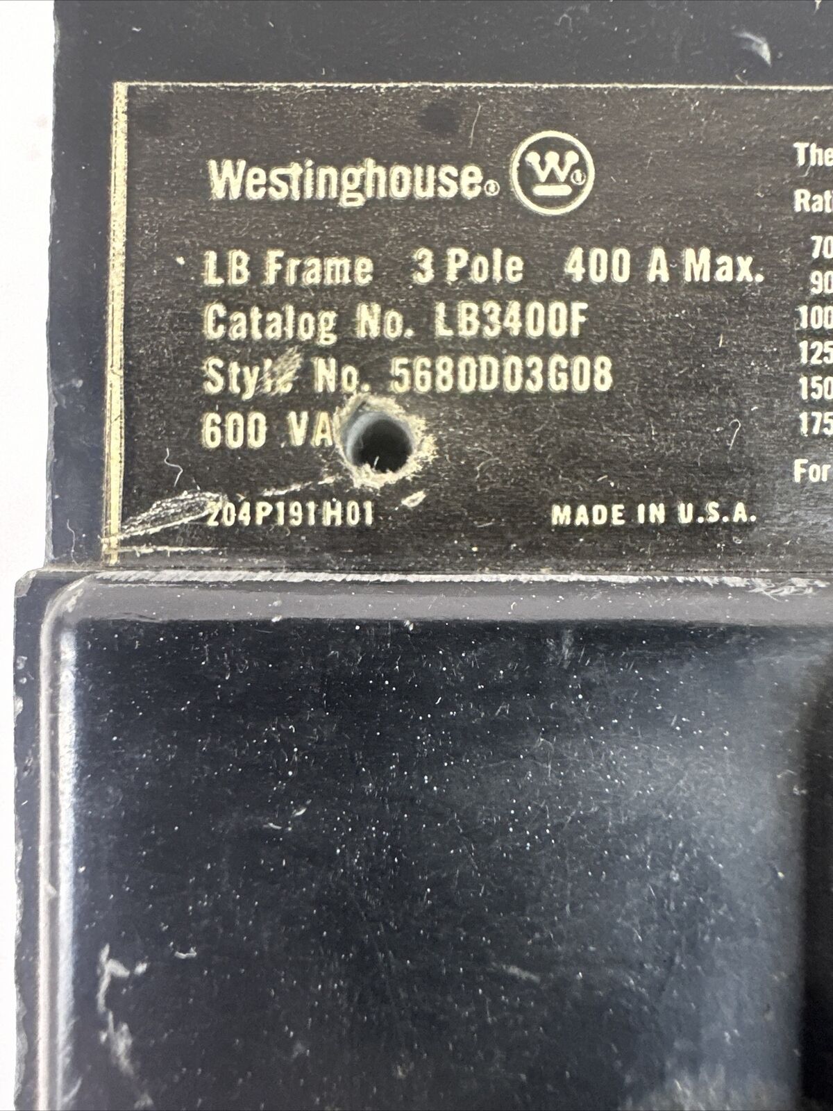 WESTINGHOUSE LB3400F 600VAC 3POLE 400AMP CIRCUIT BREAKER FRAME 150AMP TRIP UNIT
